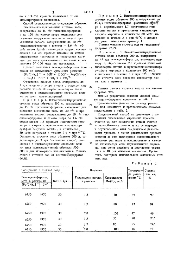 Способ очистки сточных вод от гексацианоферратов (патент 941311)