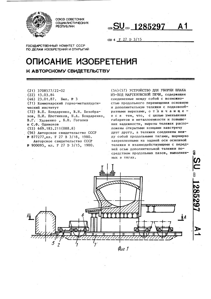 Устройство для уборки шлака из-под мартеновской печи (патент 1285297)