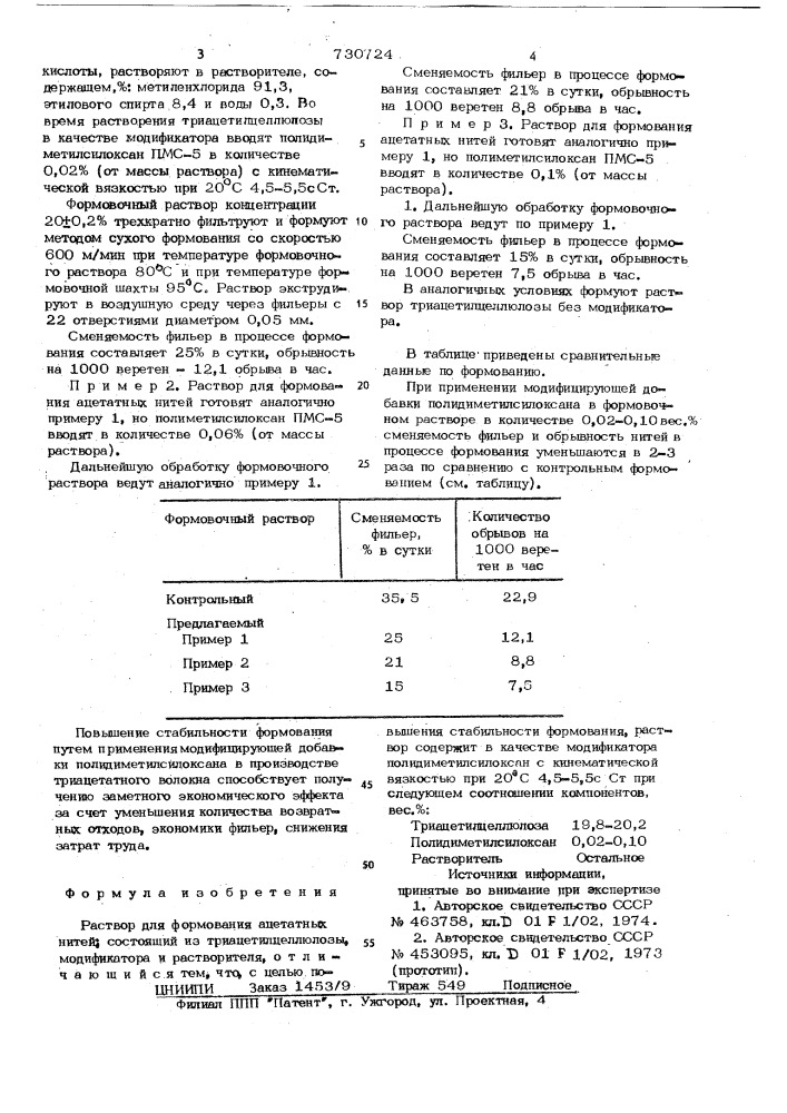 Раствор для формования ацетатных нитей (патент 730724)