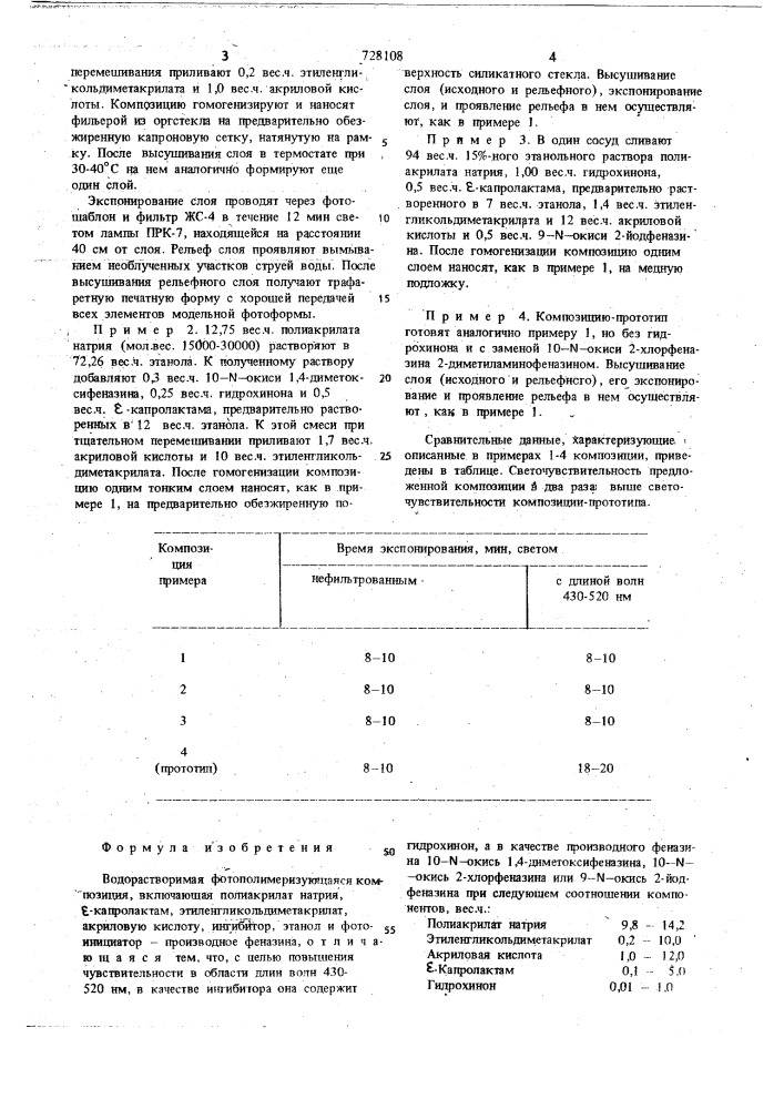 Водорастворимая фотополимеризующаяся композиция (патент 728108)