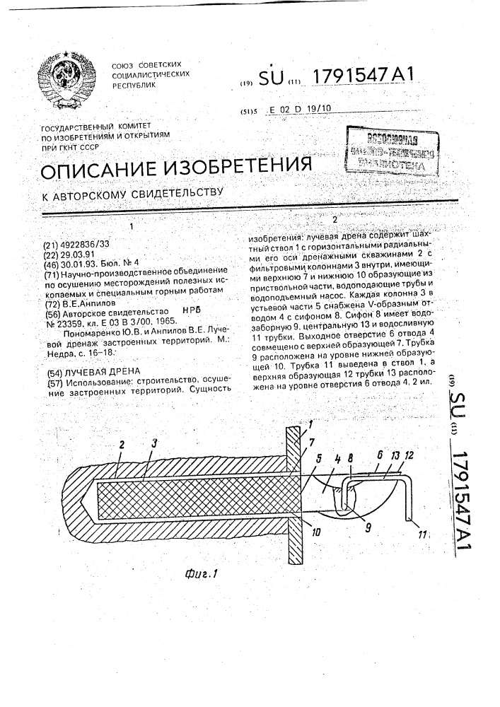 Лучевая дрена (патент 1791547)