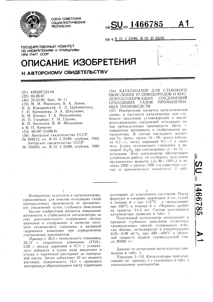 Катализатор для глубокого окисления углеводородов и кислородсодержащих соединений отходящих газов промышленных производств (патент 1466785)