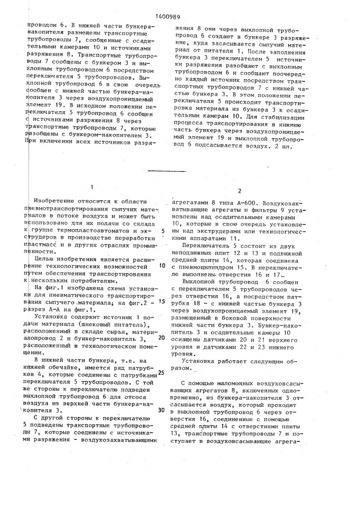 Установка для пневматического транспортирования сыпучего материала (патент 1400989)