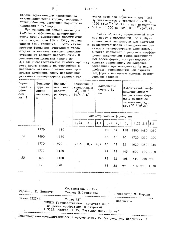 Способ определения коэффициента аккумуляции тепла литейной формы (патент 1237303)