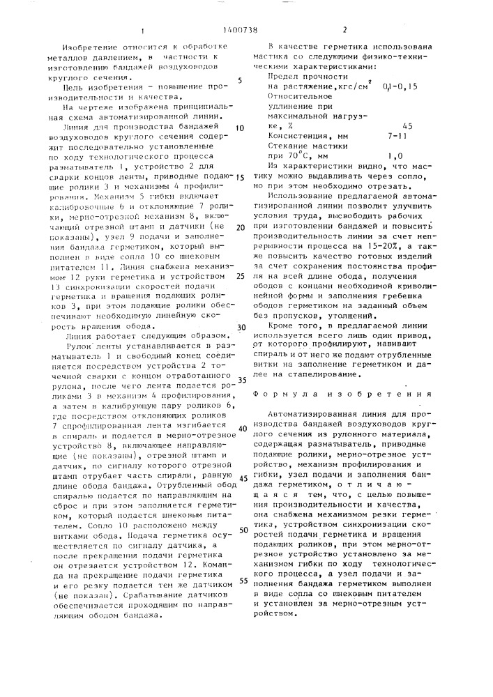 Автоматизированная линия для производства бандажей воздуховодов круглого сечения (патент 1400738)