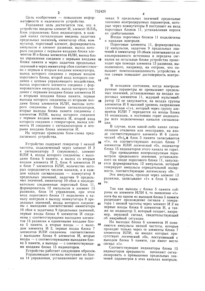 Многоканальное устройство для сигнализации предельных значений параметров (патент 752420)