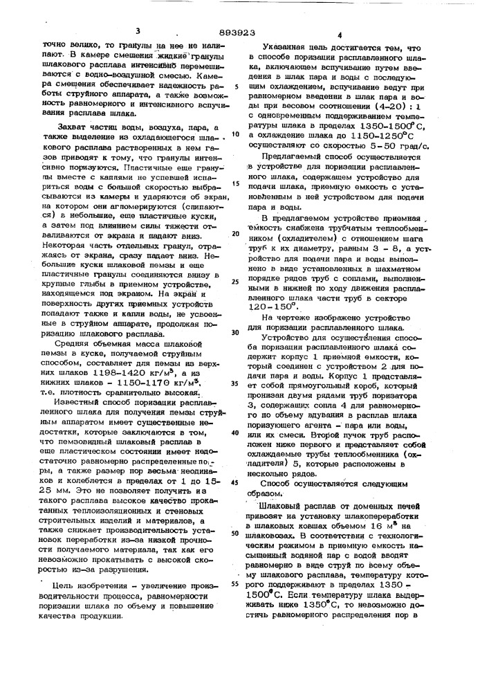 Способ поризации расплавленного шлака и устройство для его осуществления (патент 893923)