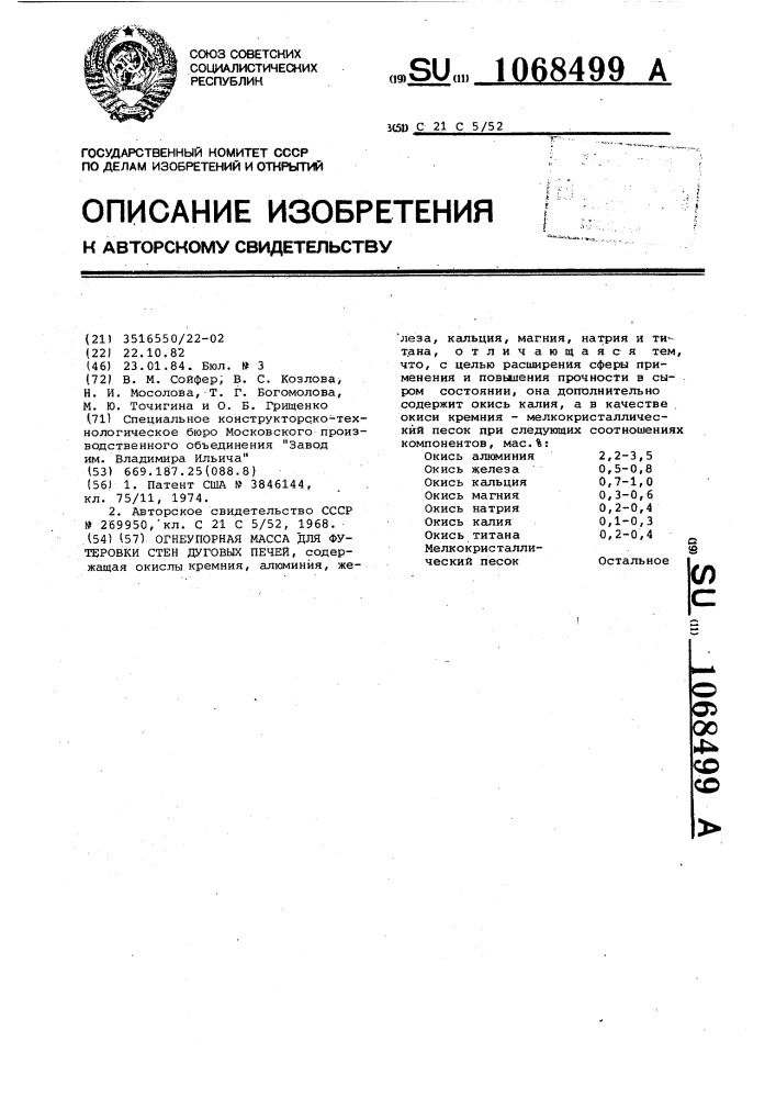 Огнеупорная масса для футеровки стен дуговых печей (патент 1068499)