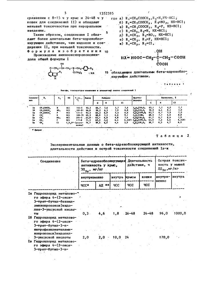 Производные аминооксипропоксииндола, обладающие длительным бета-адреноблокирующим действием (патент 1552595)