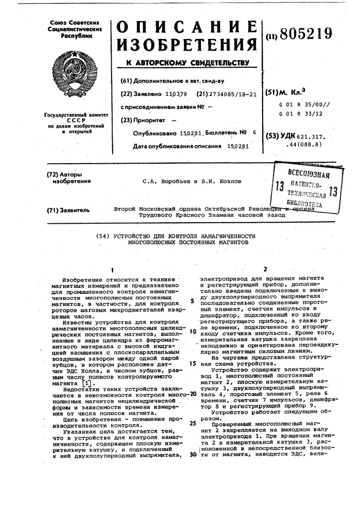 Устройство для контроля намагни-ченности многополюсных постоянныхмагнитов (патент 805219)
