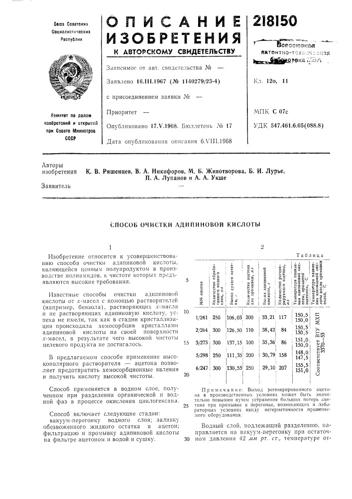 Способ очистки адипиновой кислоты (патент 218150)