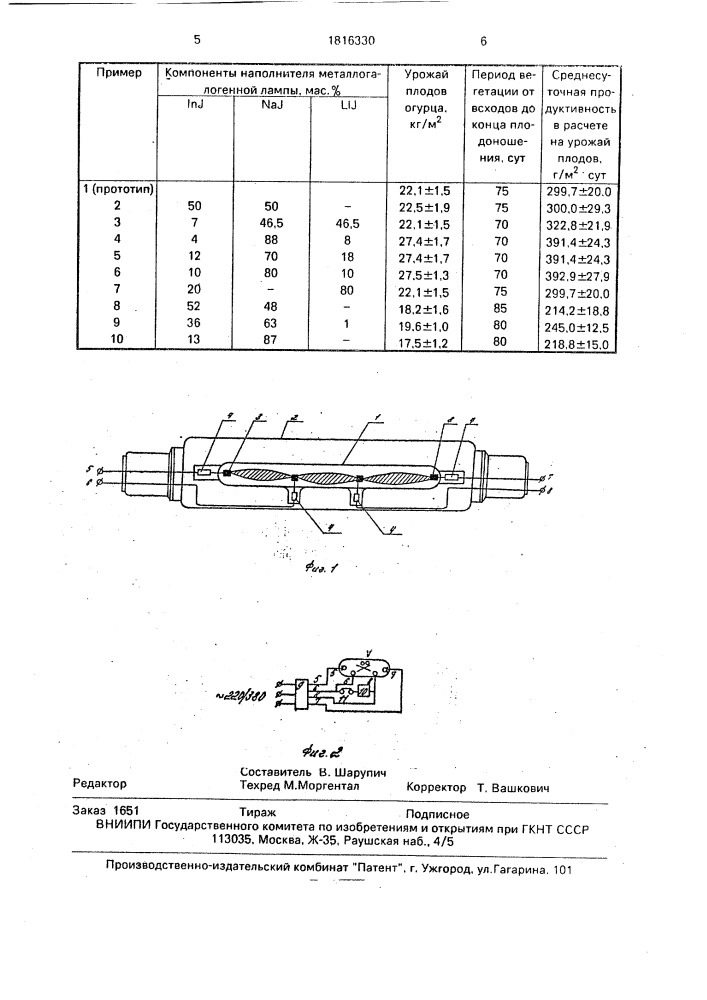 Ртутная газоразрядная лампа для освещения теплиц с огурцами (патент 1816330)
