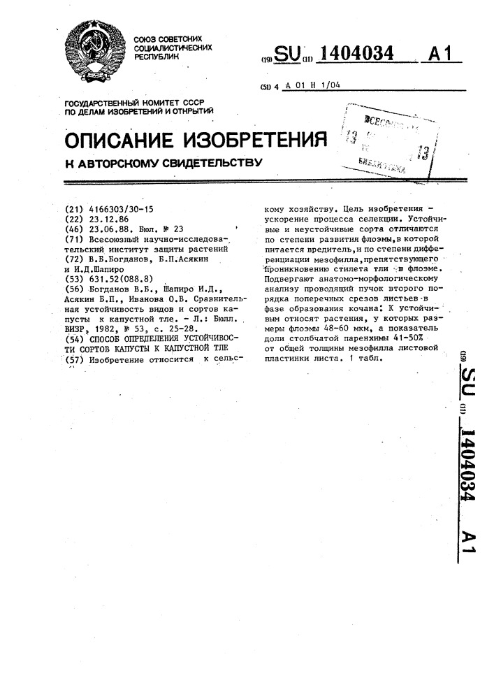 Способ определения устойчивости сортов капусты к капустной тле (патент 1404034)