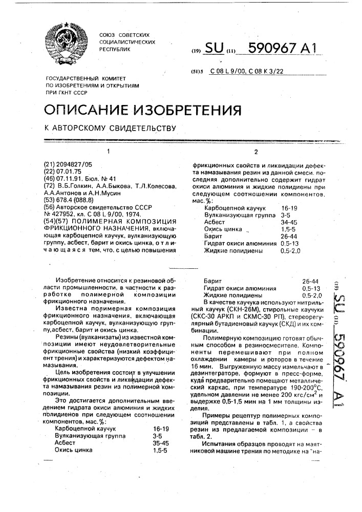 Полимерная композиция фрикционного назначения (патент 590967)