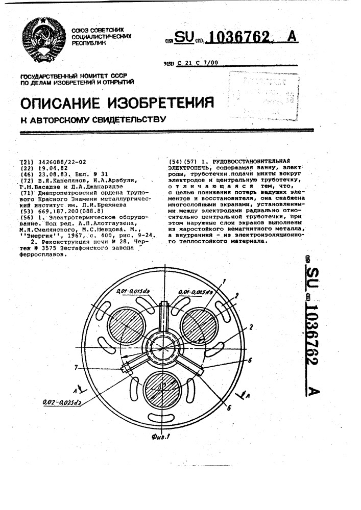 Рудовосстановительная электропечь (патент 1036762)