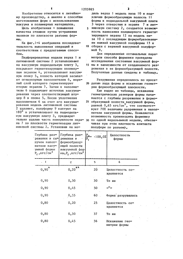 Способ изготовления вакуумной литейной формы (патент 1205985)