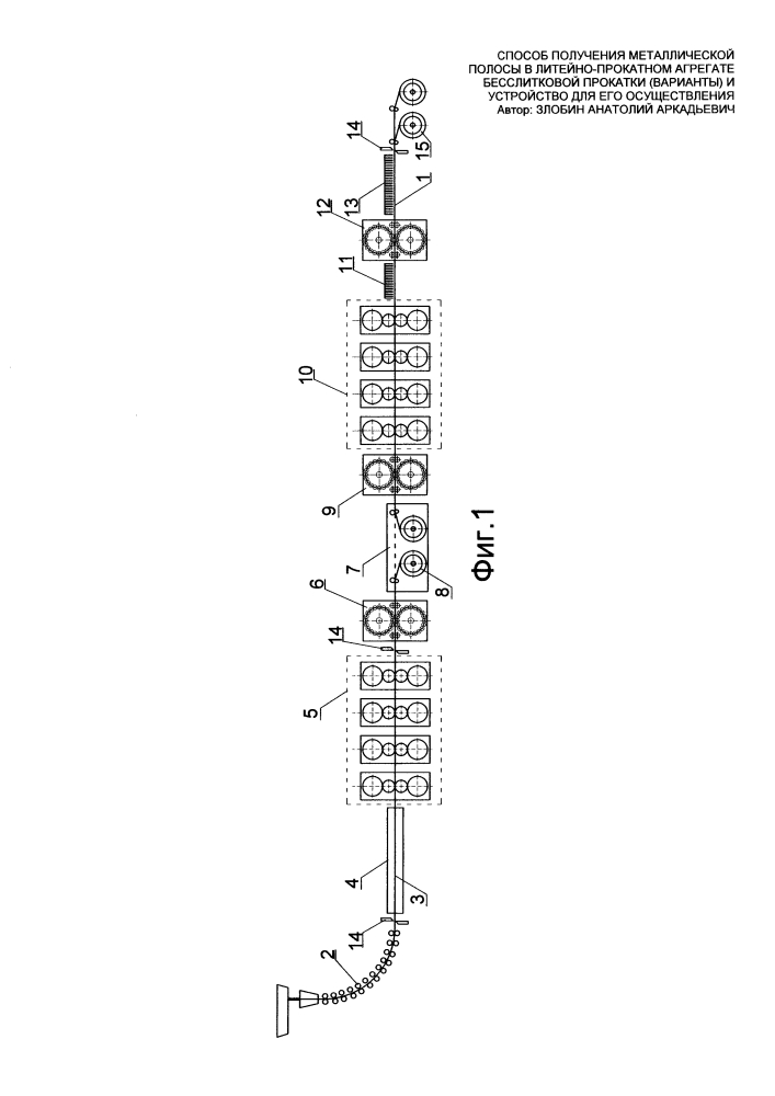 Способ получения металлической полосы в литейно-прокатном агрегате бесслитковой прокатки (варианты) и устройство для его осуществления (патент 2607855)