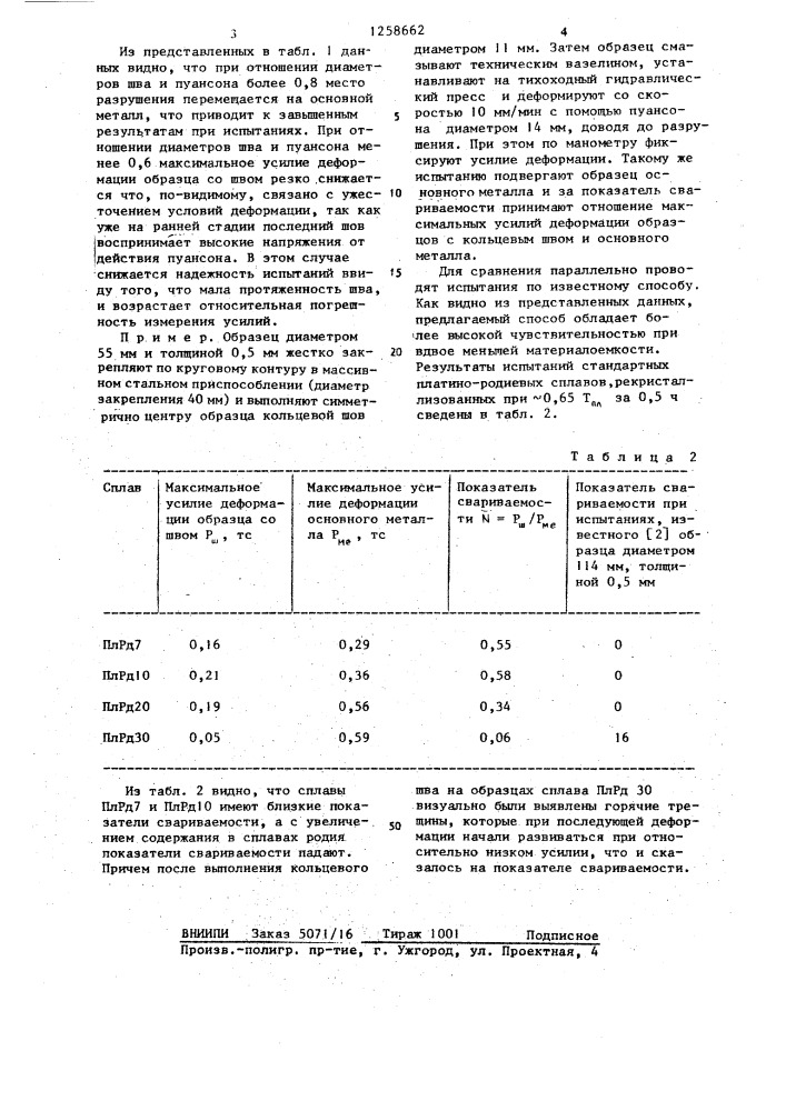 Способ испытаний металлов на свариваемость (патент 1258662)