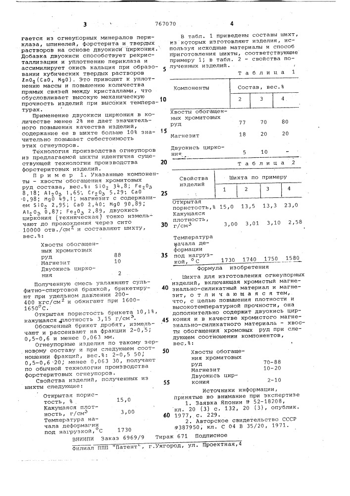 Шихта для изготовления огнеупорных изделий (патент 767070)