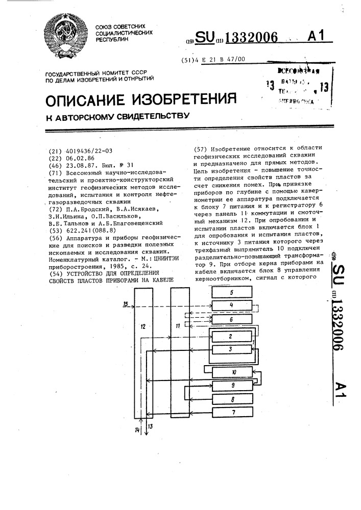 Устройство для определения свойств пластов приборами на кабеле (патент 1332006)