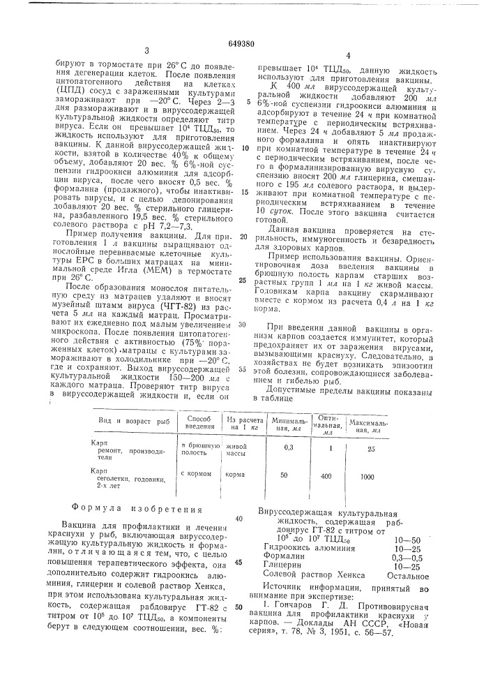 Вакцина для профилактики и лечения краснухи у рыб (патент 649380)