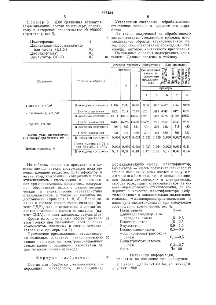 Состав для обработки стекловолокна (патент 827434)