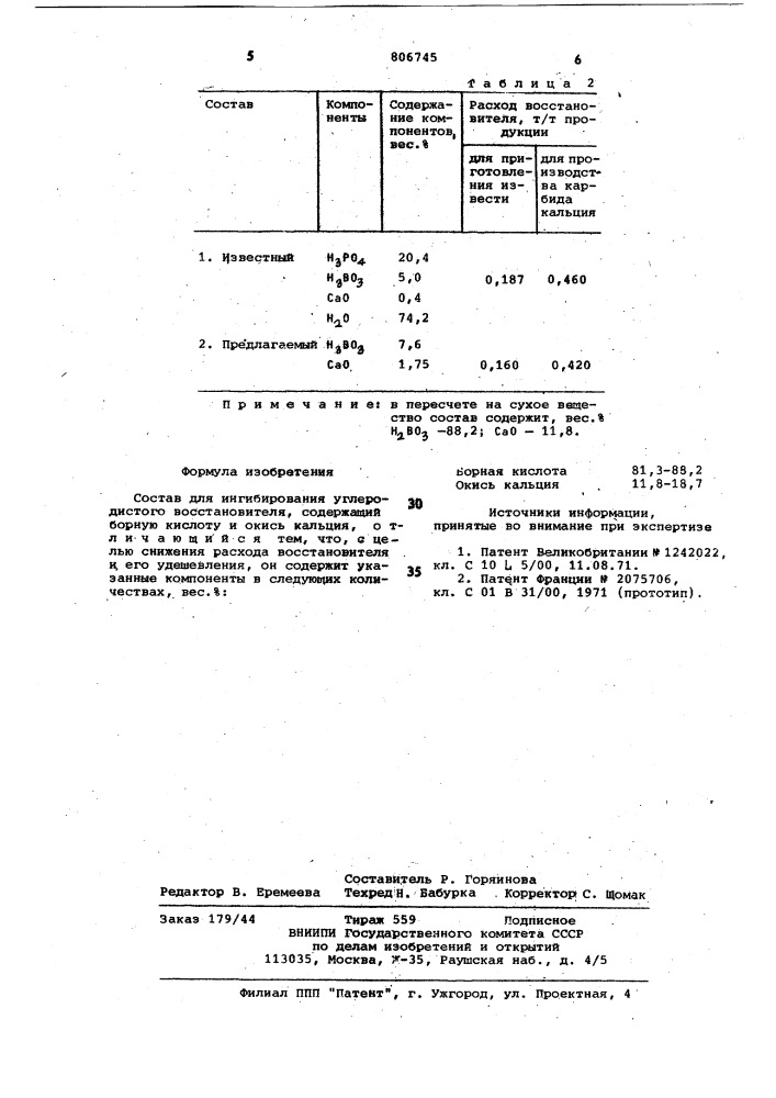 Состав для ингибирования углеродистоговосстановителя (патент 806745)