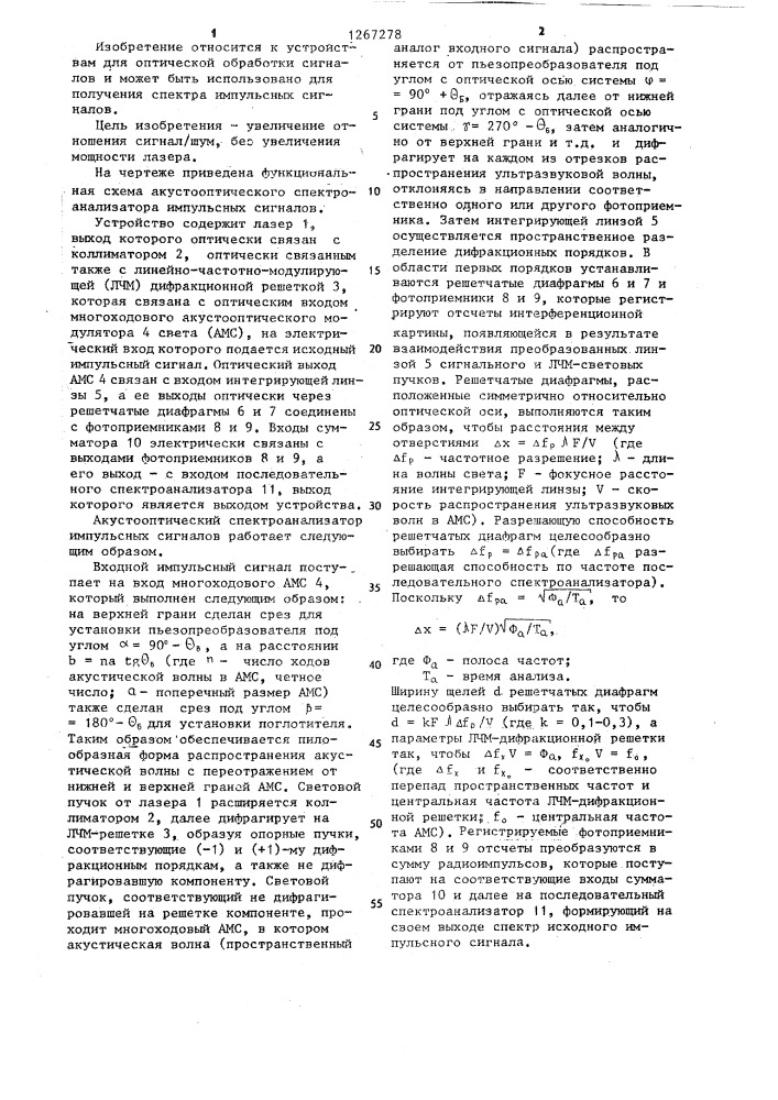 Акустооптический спектроанализатор импульсных сигналов (патент 1267278)