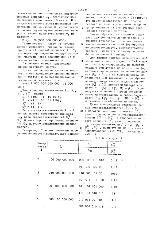 Устройство для декодирования двоичного линейного кода (патент 1269272)