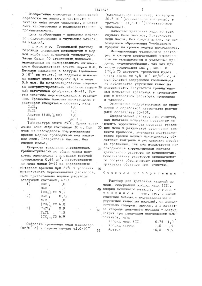 Раствор для травления изделий из меди (патент 1341243)