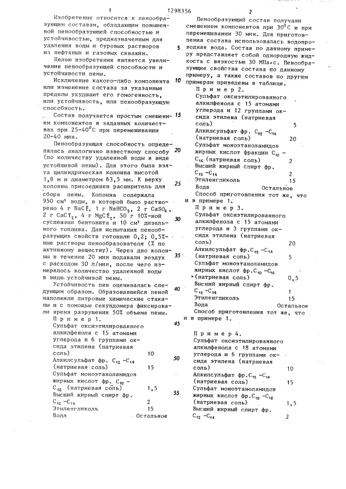 Пенообразующий состав для удаления жидкости из нефтяных и газовых скважин (патент 1298356)