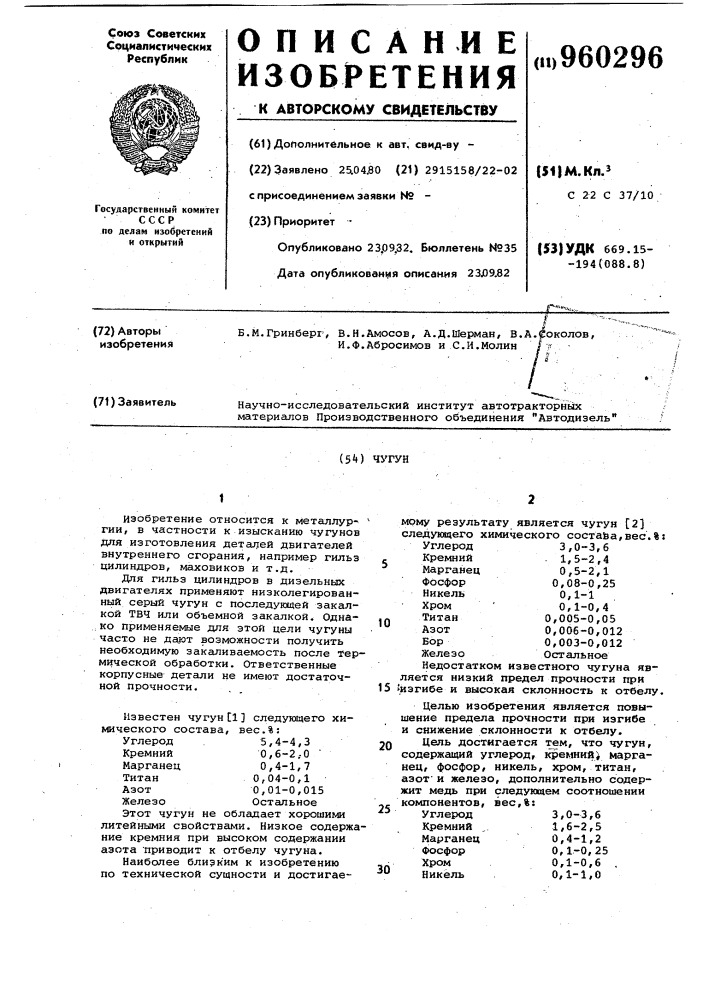 Чугун (патент 960296)