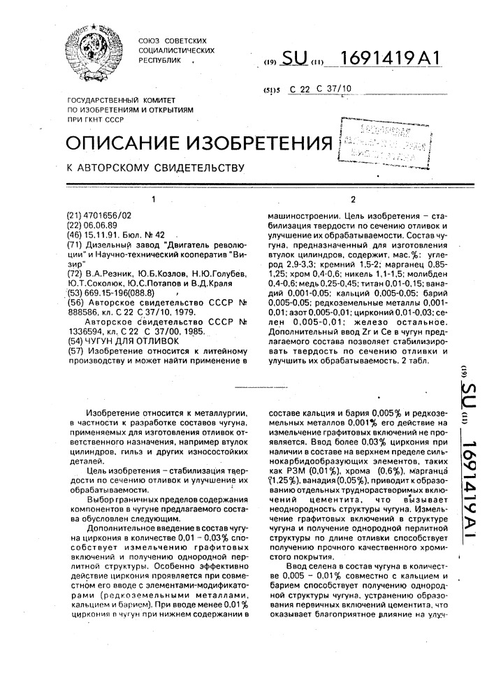 Чугун для отливок (патент 1691419)