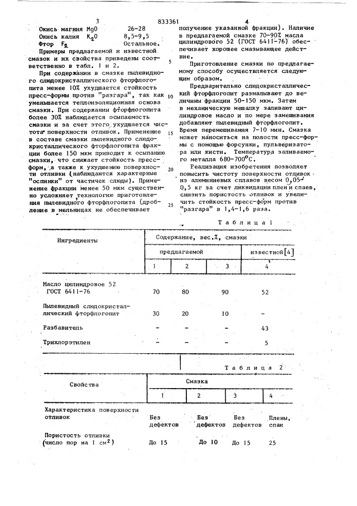 Смазка для пресс-форм литья поддавлением (патент 833361)
