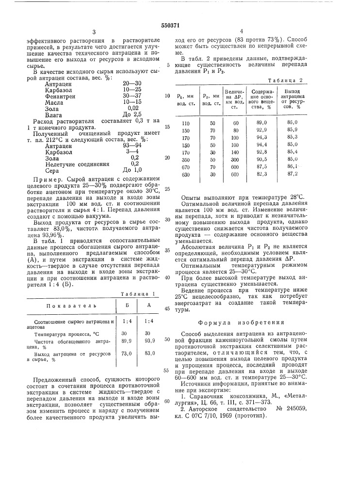 Способ выделения анцентрата из антраценовой фракции каменноугольной смолы (патент 550371)