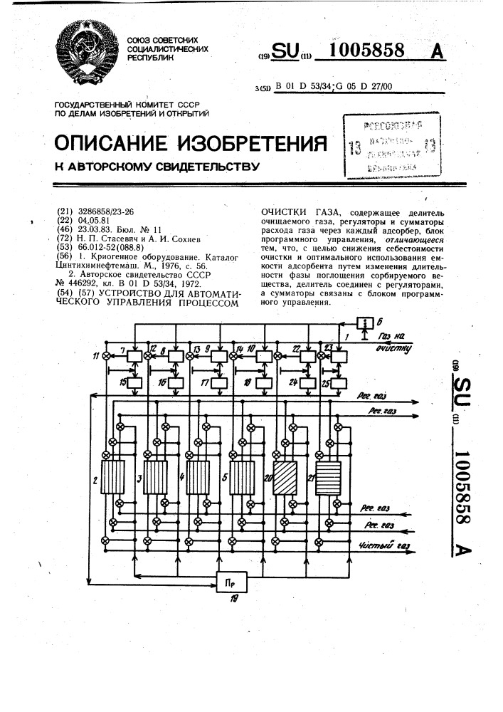 Устройство для автоматического управления процессом очистки газа (патент 1005858)