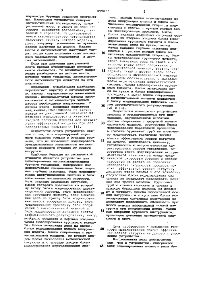 Устройство для моделирования процесса поиска эффективной осевой нагрузки на долото (патент 899877)