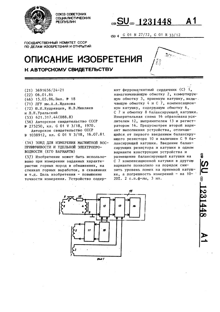 Зонд для измерения магнитной восприимчивости и удельной электропроводности (его варианты) (патент 1231448)