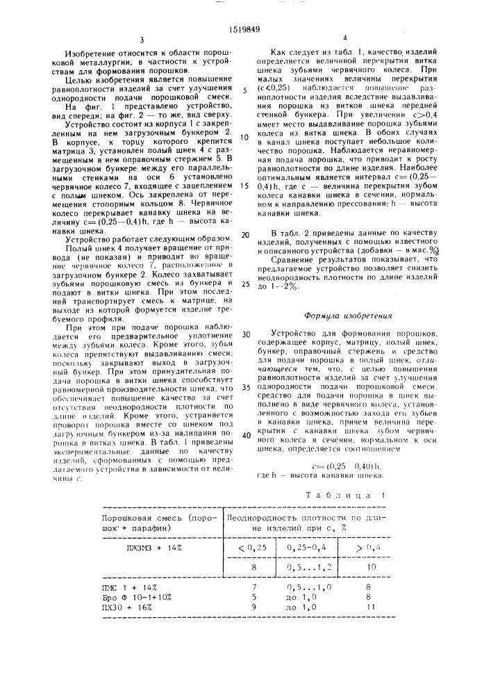 Устройство для формования порошков (патент 1519849)