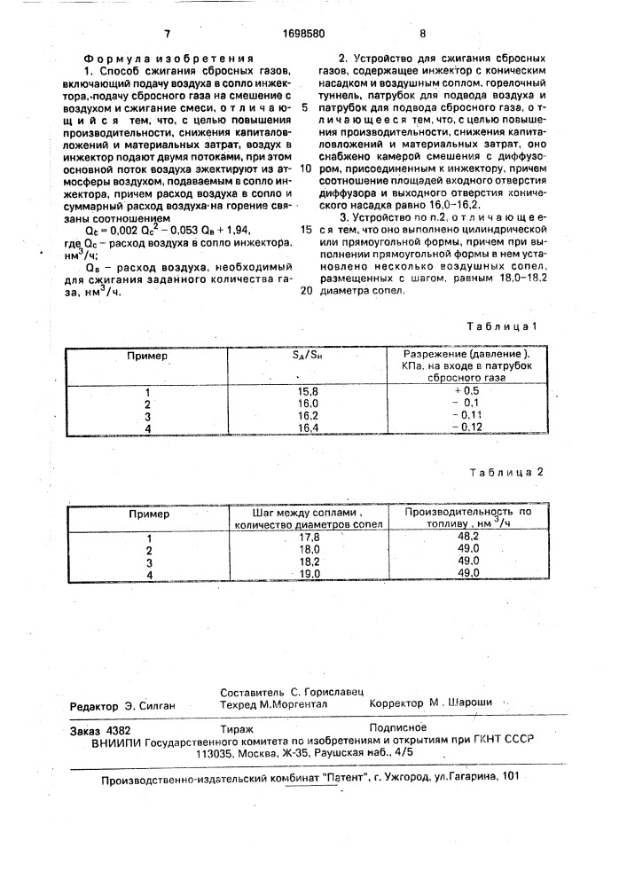 Способ сжигания сбросных газов и устройство для его осуществления (патент 1698580)