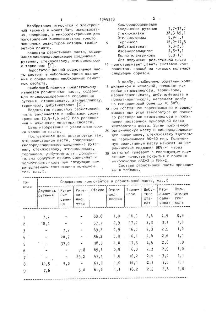 Резистивная паста (патент 1045278)