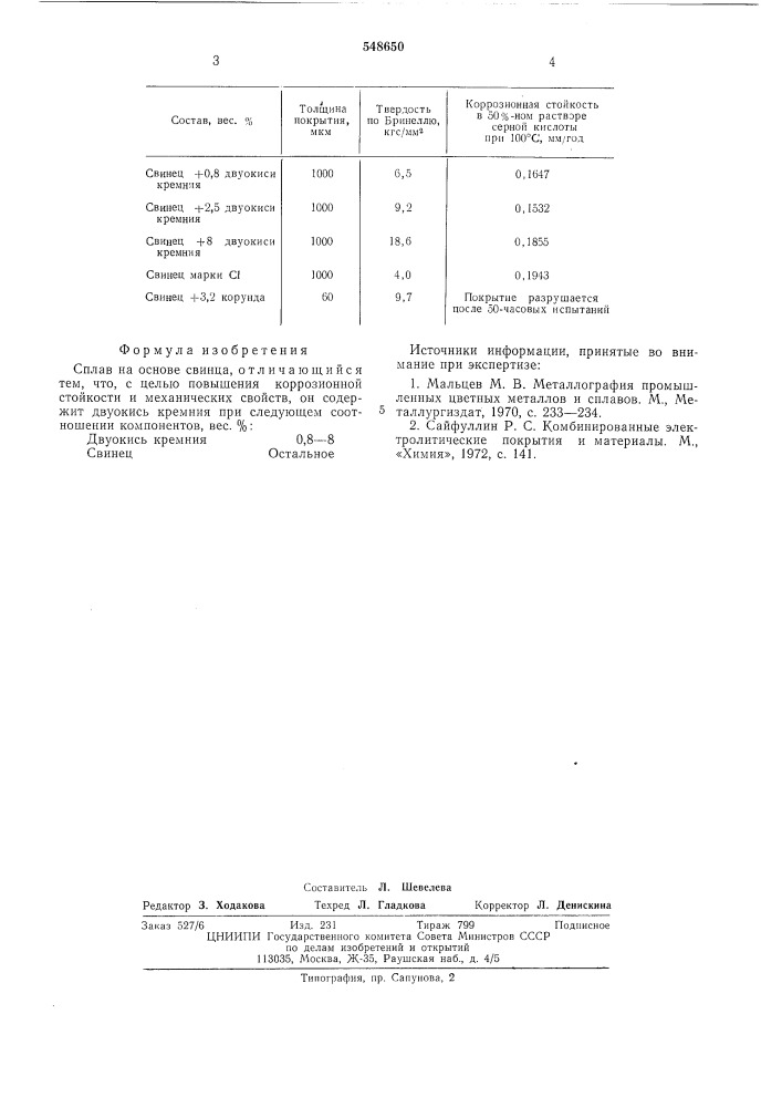 Сплав на основе свинца (патент 548650)