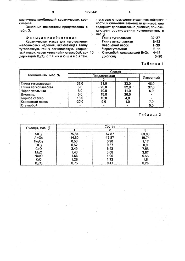 Керамическая масса для изготовления майоликовых изделий (патент 1726441)