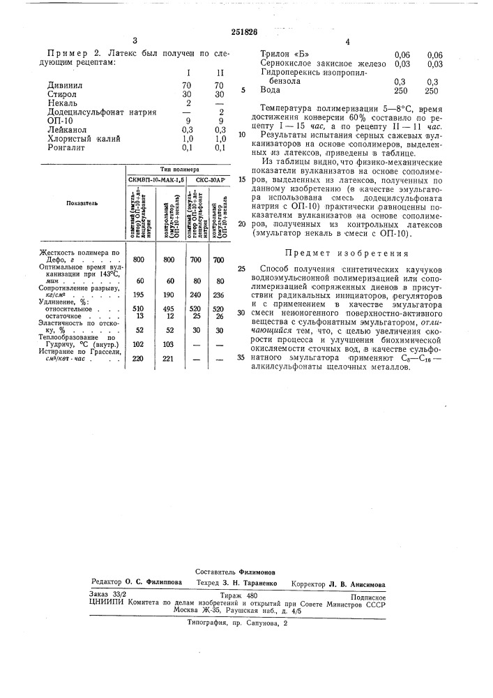 Способ получения синтетических каучуков (патент 251826)