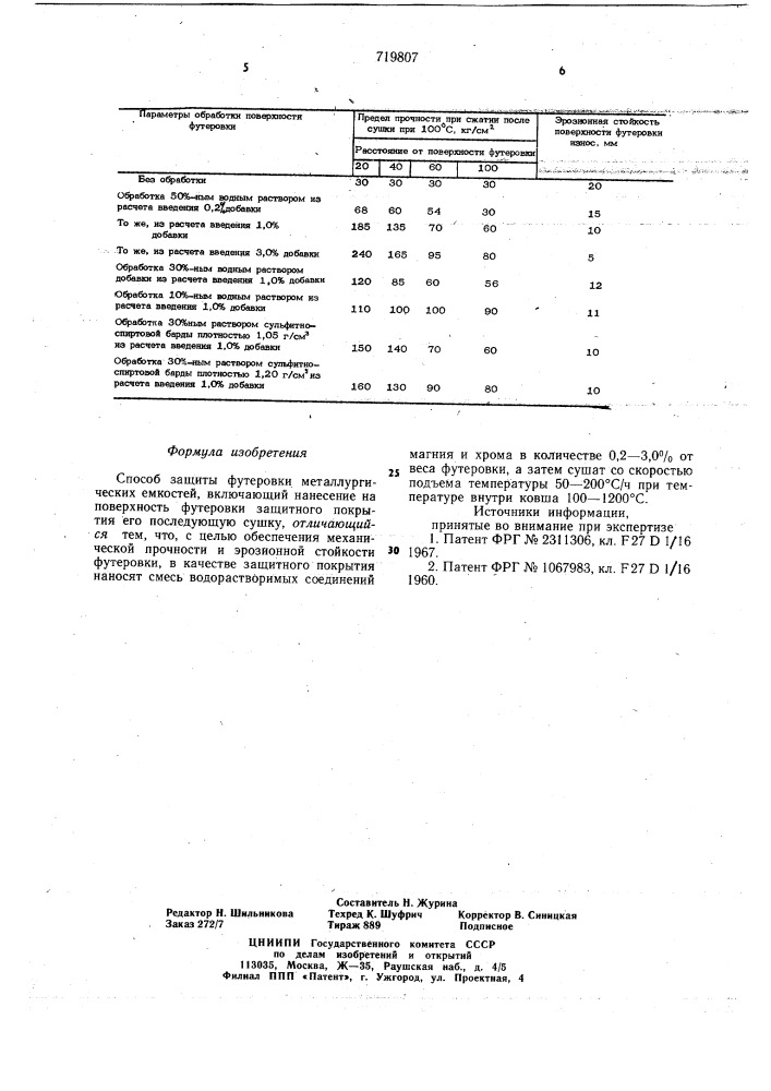 Способ защиты футеровки металлургических емкостей (патент 719807)