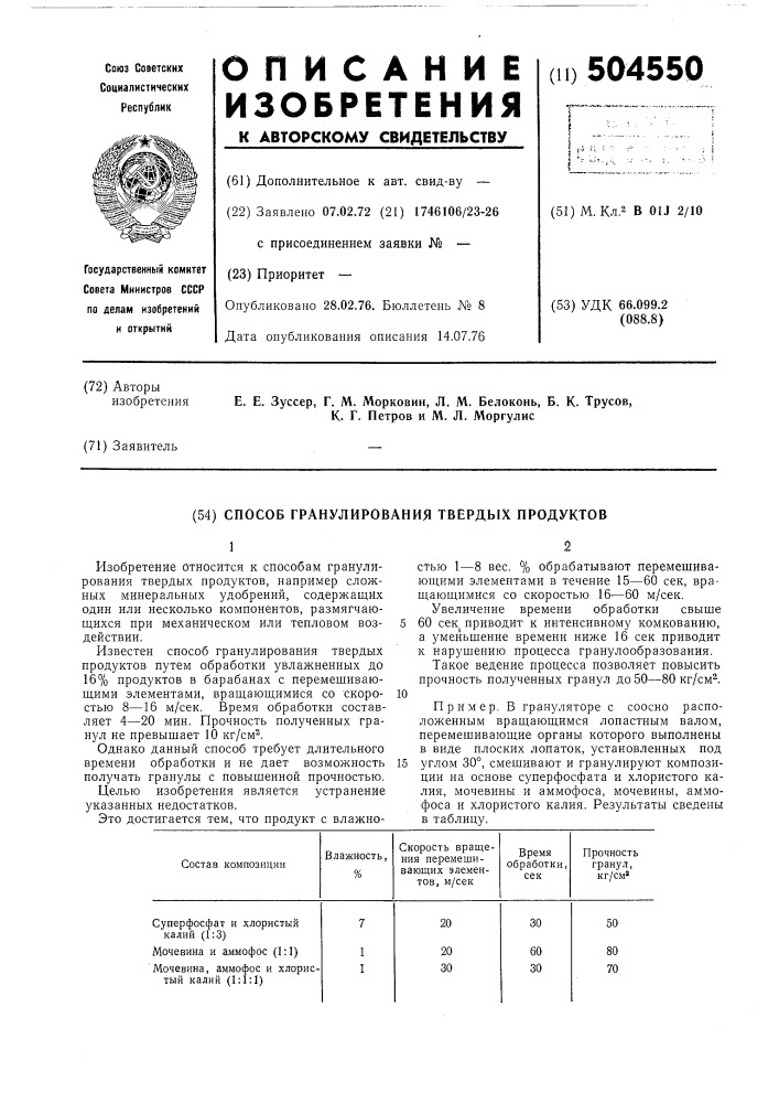 Способ гранулирования твердых продуктов (патент 504550)