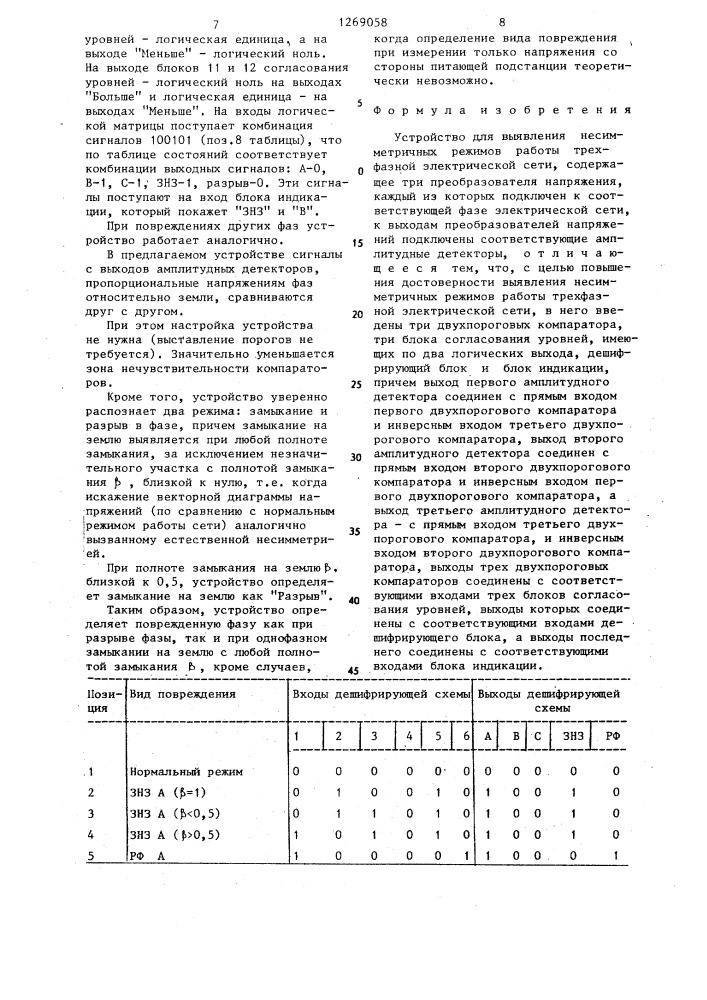 Устройство для выявления несимметричных режимов работы трехфазной электрической сети (патент 1269058)