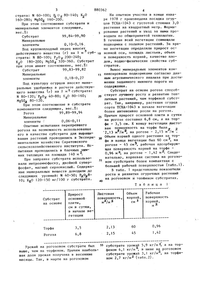 Субстрат для теплиц (патент 880362)