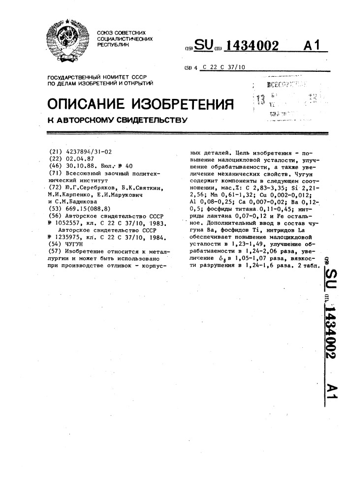 Чугун (патент 1434002)