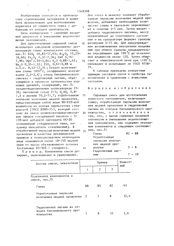 Сырьевая смесь для изготовления пористого заполнителя (патент 1348308)